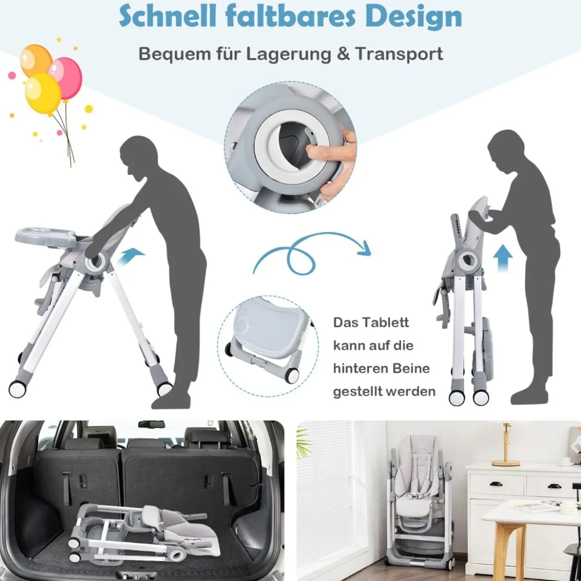 4 in 1 Baby Hochstuhl Kinderhochstuhl klappbar Babystuhl mit Liegefunktion 84 x 56 x 104 cm Grau