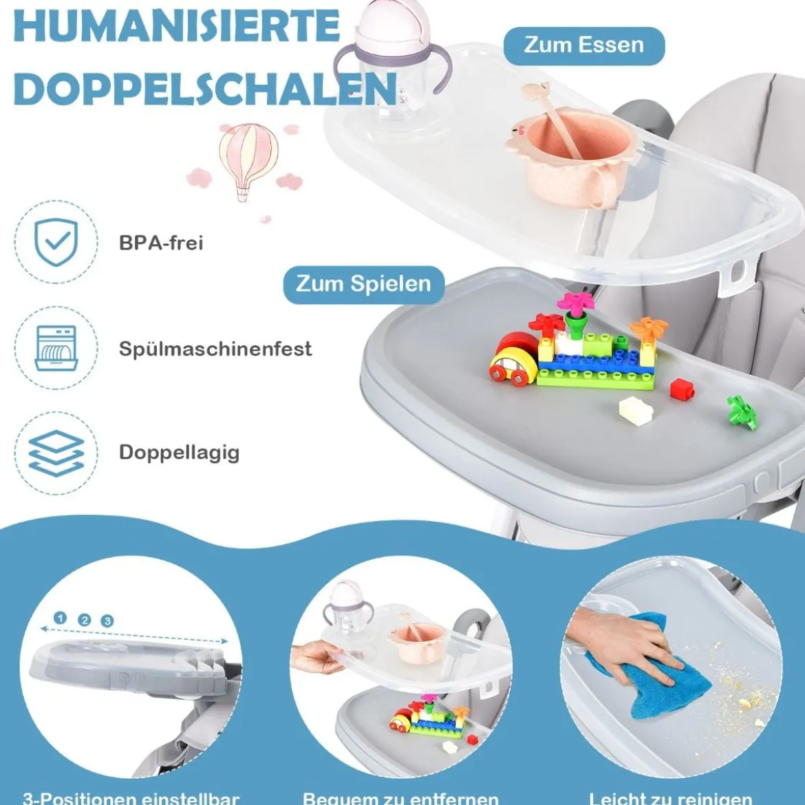 4 in 1 Baby Hochstuhl Kinderhochstuhl klappbar Babystuhl mit Liegefunktion 84 x 56 x 104 cm Grau