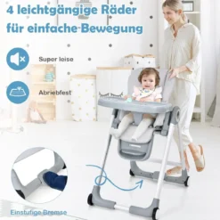 4 in 1 Baby Hochstuhl Kinderhochstuhl klappbar Babystuhl mit Liegefunktion 84 x 56 x 104 cm Grau
