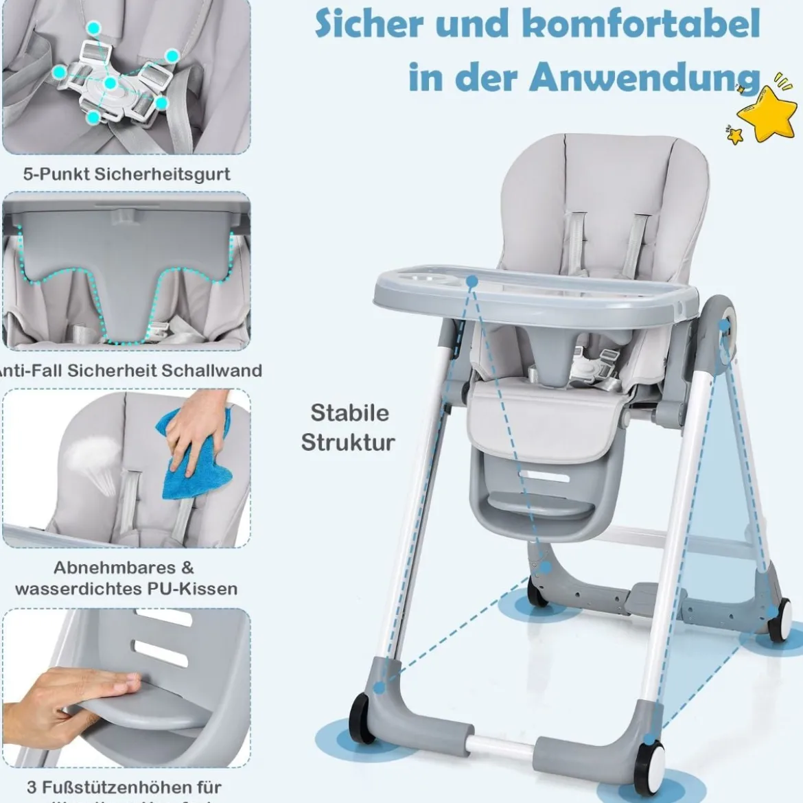 4 in 1 Baby Hochstuhl Kinderhochstuhl klappbar Babystuhl mit Liegefunktion 84 x 56 x 104 cm Grau