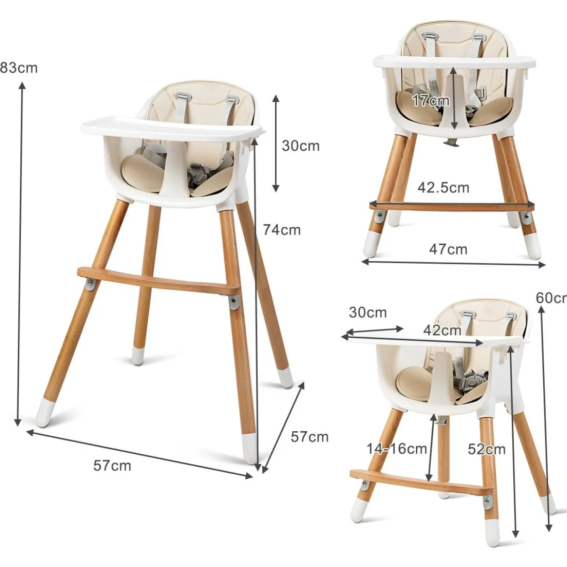 2-in-1 Babyhochstuhl Kinderhochstuhl aus Holz einstellbar 57 x 57 x 83 cm Cremeweiß + Natur