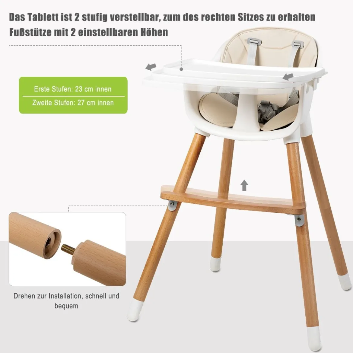 2-in-1 Babyhochstuhl Kinderhochstuhl aus Holz einstellbar 57 x 57 x 83 cm Cremeweiß + Natur