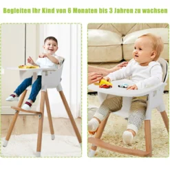 2-in-1 Babyhochstuhl Kinderhochstuhl aus Holz einstellbar 57 x 57 x 83 cm Cremeweiß + Natur