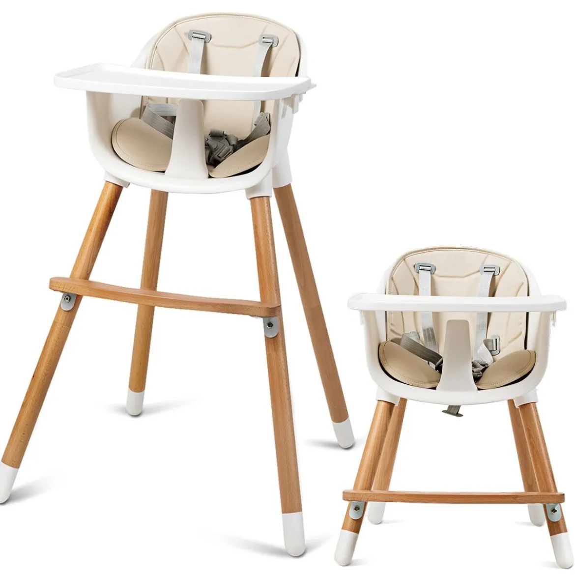 2-in-1 Babyhochstuhl Kinderhochstuhl aus Holz einstellbar 57 x 57 x 83 cm Cremeweiß + Natur