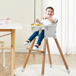 2-in-1 Babyhochstuhl Kinderhochstuhl aus Holz einstellbar 57 x 57 x 83 cm Cremeweiß + Natur