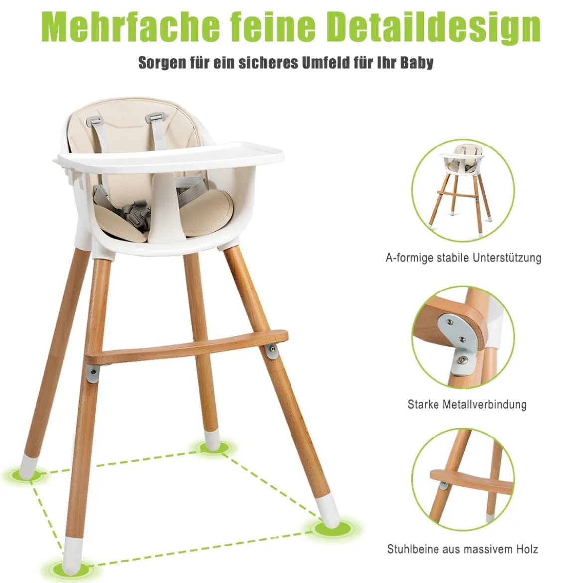 2-in-1 Babyhochstuhl Kinderhochstuhl aus Holz einstellbar 57 x 57 x 83 cm Cremeweiß + Natur