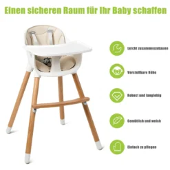 2-in-1 Babyhochstuhl Kinderhochstuhl aus Holz einstellbar 57 x 57 x 83 cm Cremeweiß + Natur