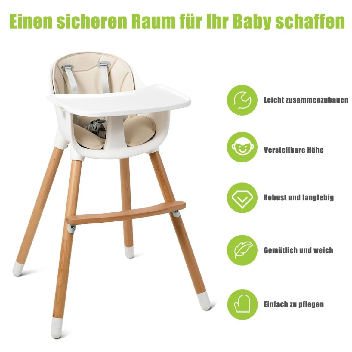 2-in-1 Babyhochstuhl Kinderhochstuhl aus Holz einstellbar 57 x 57 x 83 cm Cremeweiß + Natur