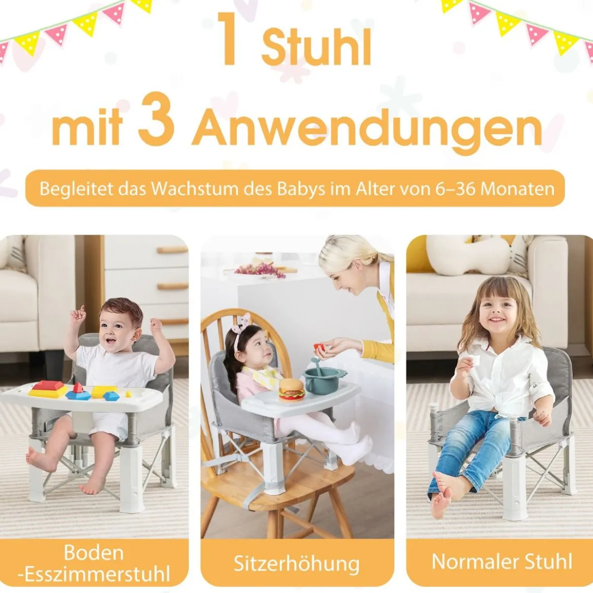 3 in 1 Babyhochstuhl Klappbar Hochstuhl & Essstuhl & Sitzerhöhung Weiß + Grau