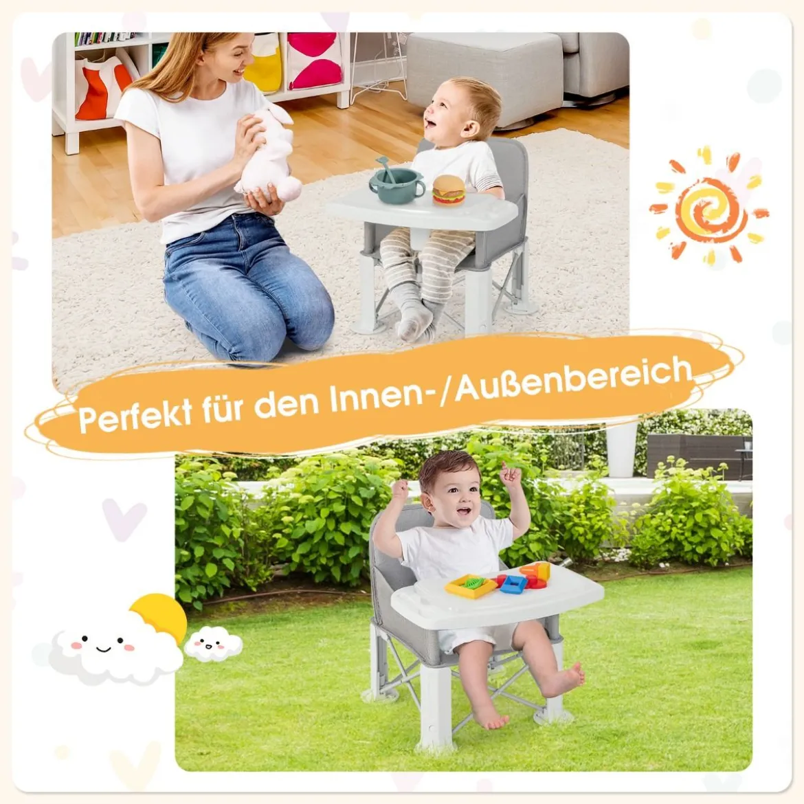 3 in 1 Babyhochstuhl Klappbar Hochstuhl & Essstuhl & Sitzerhöhung Weiß + Grau