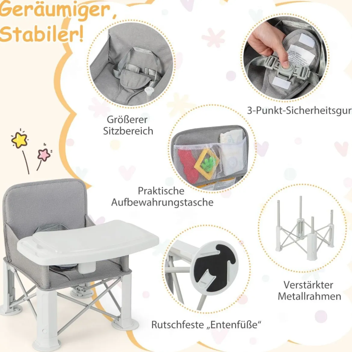 3 in 1 Babyhochstuhl Klappbar Hochstuhl & Essstuhl & Sitzerhöhung Weiß + Grau