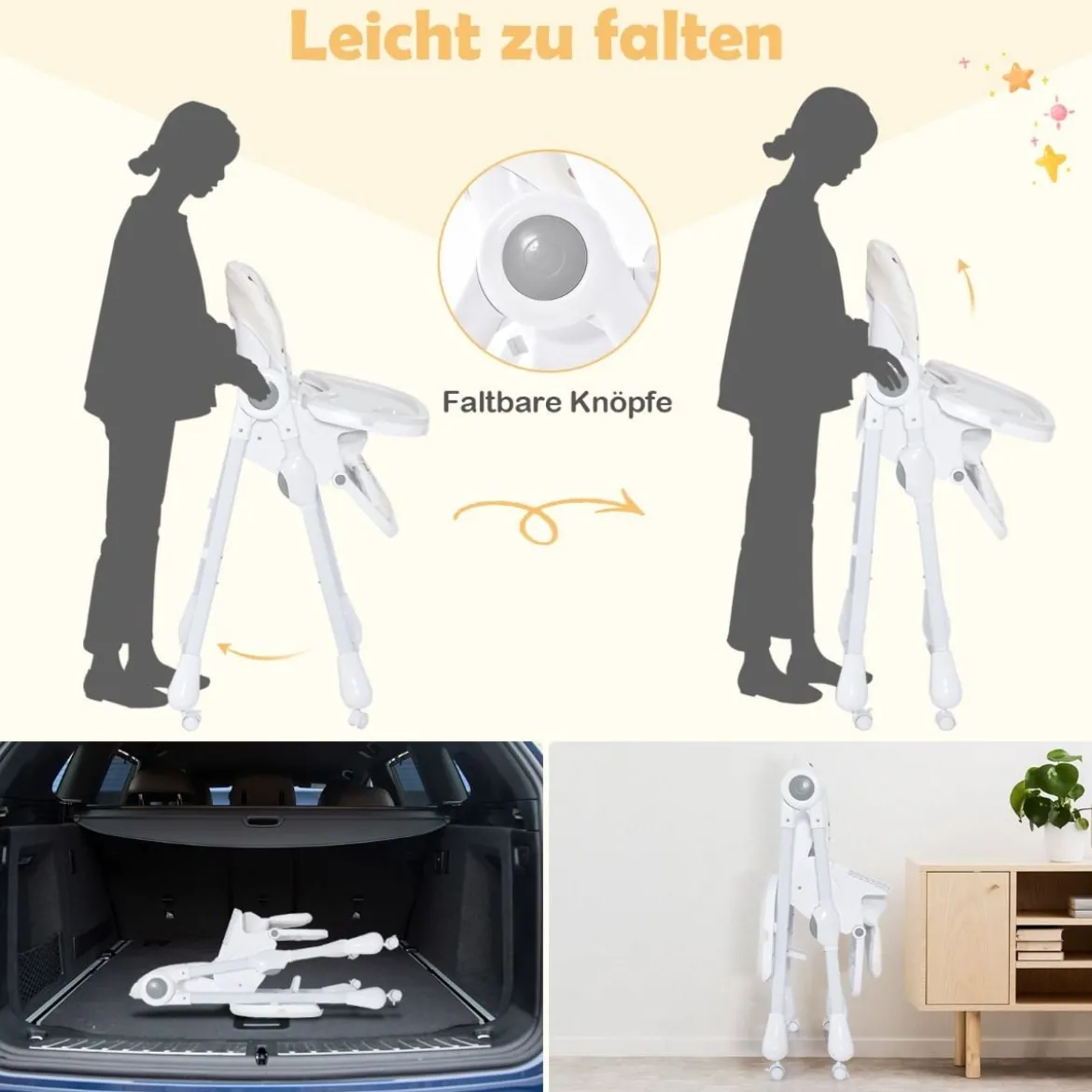 3-in-1-Babyhochstuhl mit 5-fach verstellbarer Fußstütze 3-fach verstellbarer Rückenlehne & 4 Universalrädern Beige