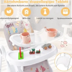 3-in-1-Babyhochstuhl mit 5-fach verstellbarer Fußstütze 3-fach verstellbarer Rückenlehne & 4 Universalrädern Grau