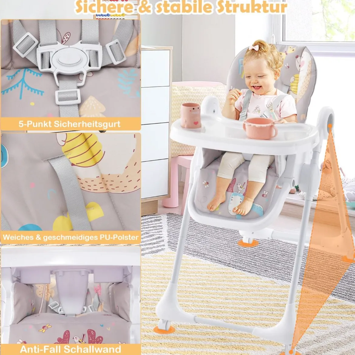 3-in-1-Babyhochstuhl mit 5-fach verstellbarer Fußstütze 3-fach verstellbarer Rückenlehne & 4 Universalrädern Grau