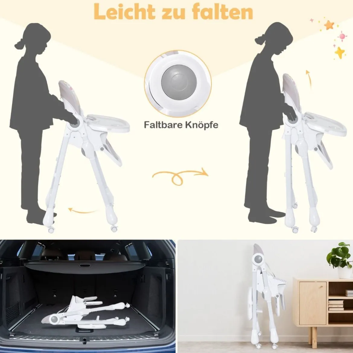 3-in-1-Babyhochstuhl mit 5-fach verstellbarer Fußstütze 3-fach verstellbarer Rückenlehne & 4 Universalrädern Grau