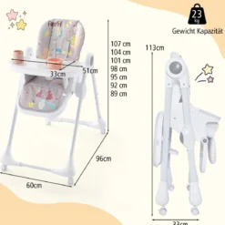 3-in-1-Babyhochstuhl mit 5-fach verstellbarer Fußstütze 3-fach verstellbarer Rückenlehne & 4 Universalrädern Grau