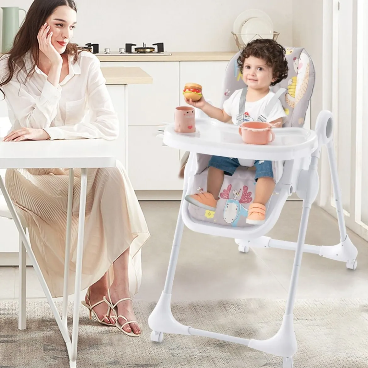 3-in-1-Babyhochstuhl mit 5-fach verstellbarer Fußstütze 3-fach verstellbarer Rückenlehne & 4 Universalrädern Grau