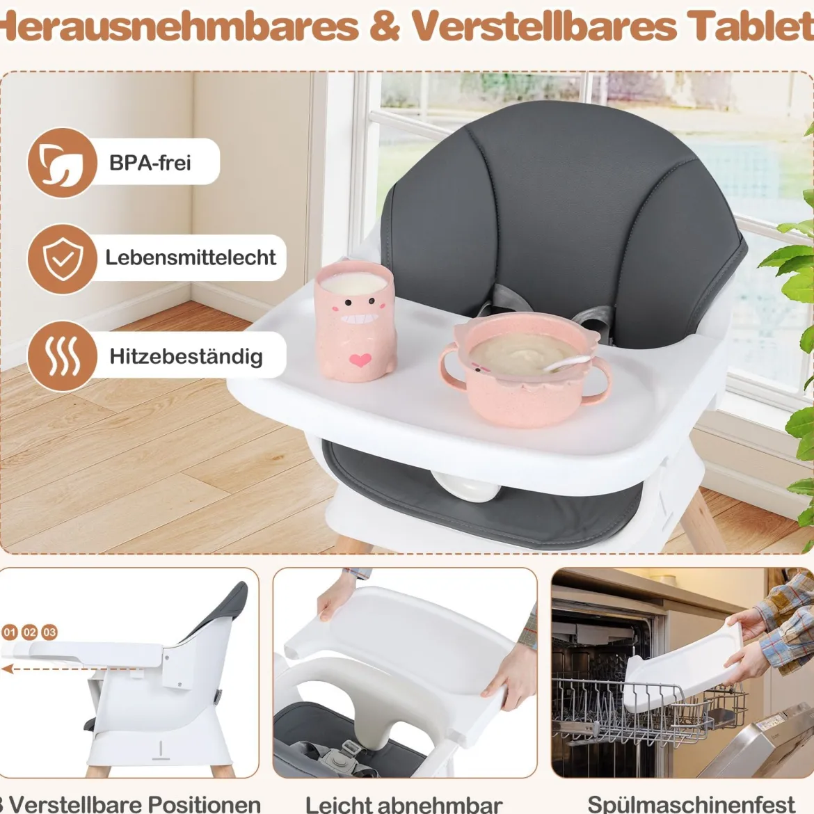 8 in 1 Baby Hochstuhl mit PU Kissen & 5 Punkt Gurt & Fußstütze & Abnehmbare Tablett Babystuhl