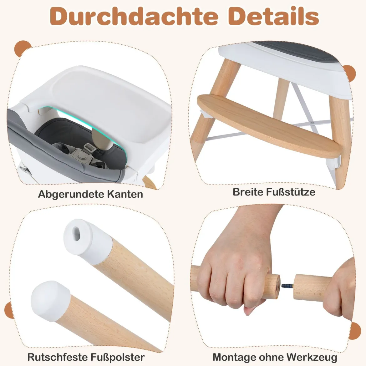 8 in 1 Baby Hochstuhl mit PU Kissen & 5 Punkt Gurt & Fußstütze & Abnehmbare Tablett Babystuhl