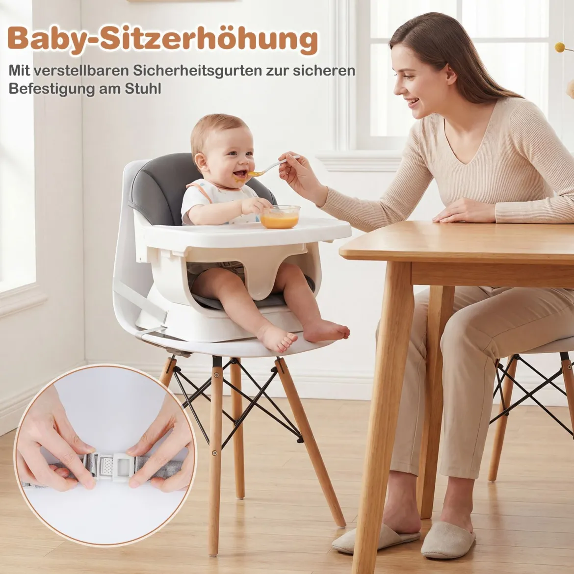8 in 1 Baby Hochstuhl mit PU Kissen & 5 Punkt Gurt & Fußstütze & Abnehmbare Tablett Babystuhl