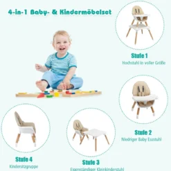 4-in-1 Babyhochstuhl mit Sicherheitsgurt & Abnehmbares Tablett Kindersitzgruppe Khaki