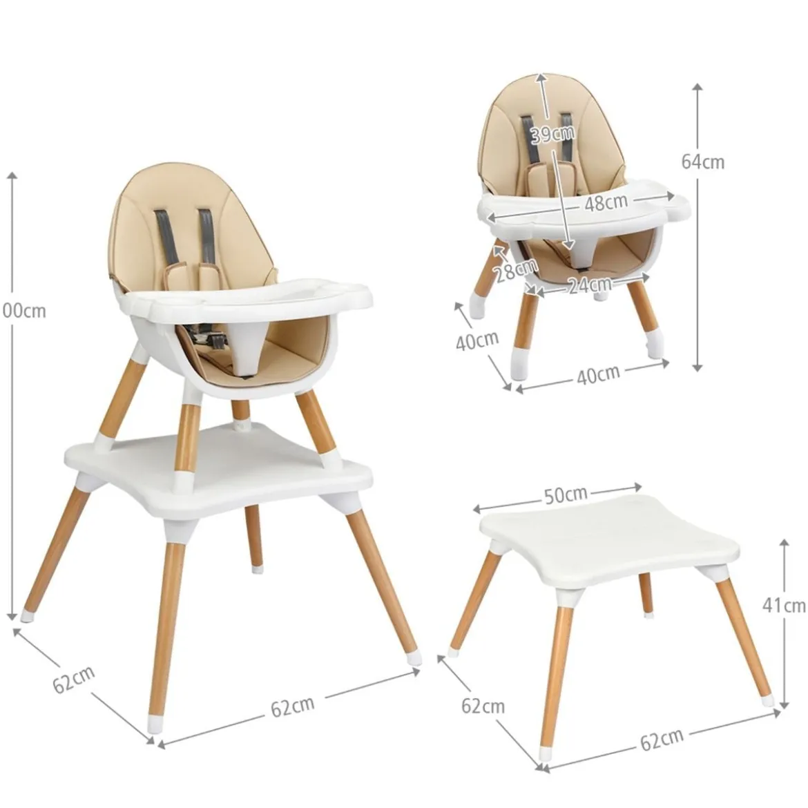 4-in-1 Babyhochstuhl mit Sicherheitsgurt & Abnehmbares Tablett Kindersitzgruppe Khaki
