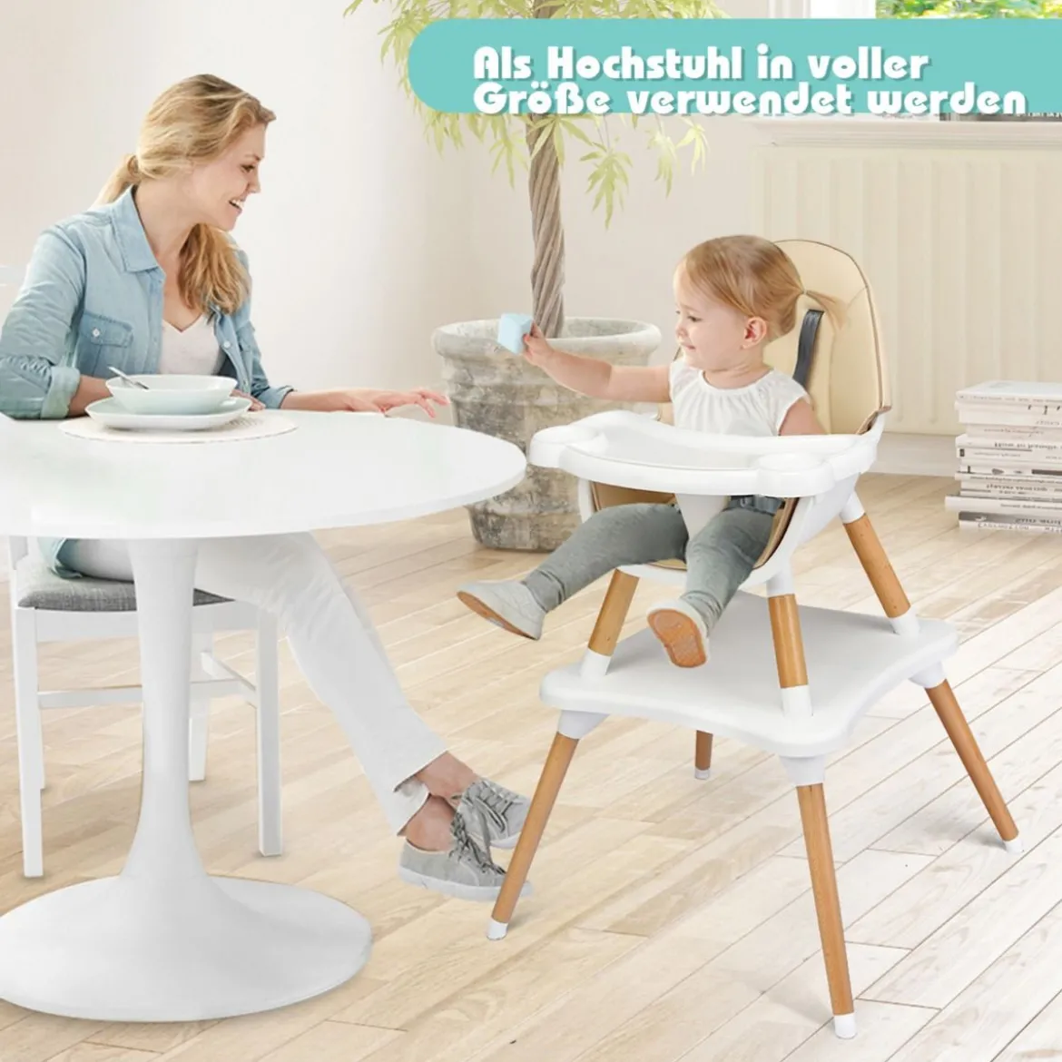 4-in-1 Babyhochstuhl mit Sicherheitsgurt & Abnehmbares Tablett Kindersitzgruppe Khaki