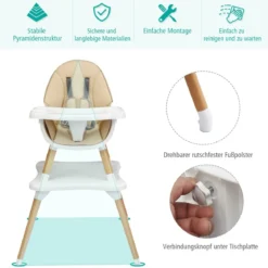 4-in-1 Babyhochstuhl mit Sicherheitsgurt & Abnehmbares Tablett Kindersitzgruppe Khaki