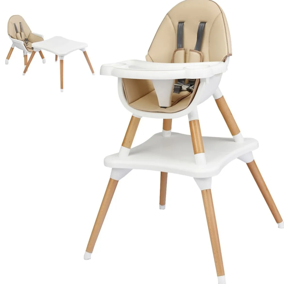 4-in-1 Babyhochstuhl mit Sicherheitsgurt & Abnehmbares Tablett Kindersitzgruppe Khaki