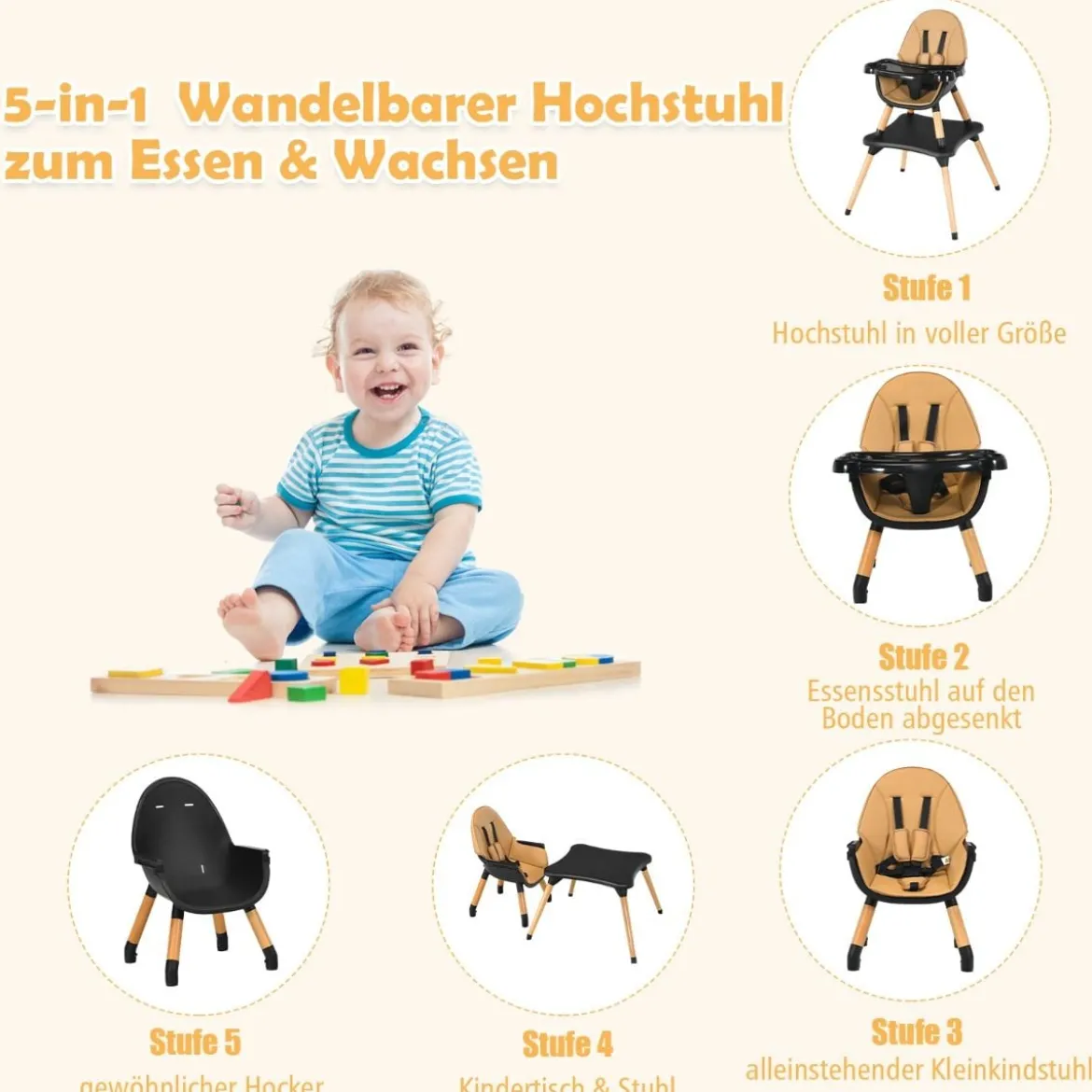 4-in-1 Babyhochstuhl mit Sicherheitsgurt & Abnehmbares Tablett Kindersitzgruppe Braun
