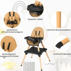 4-in-1 Babyhochstuhl mit Sicherheitsgurt & Abnehmbares Tablett Kindersitzgruppe Braun