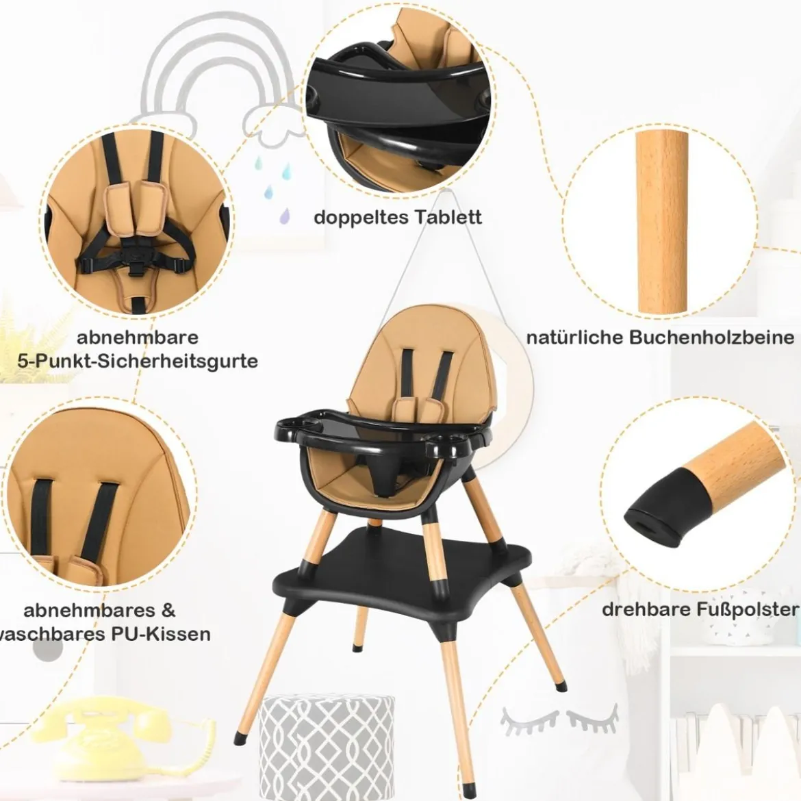4-in-1 Babyhochstuhl mit Sicherheitsgurt & Abnehmbares Tablett Kindersitzgruppe Braun