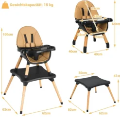 4-in-1 Babyhochstuhl mit Sicherheitsgurt & Abnehmbares Tablett Kindersitzgruppe Braun