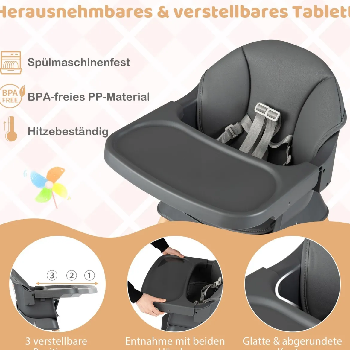 9 in 1 Baby Hochstuhl mit Sitzerhöhung & Abnehmbarem Tablett & Sicherheitsgurt Dunkelgrau