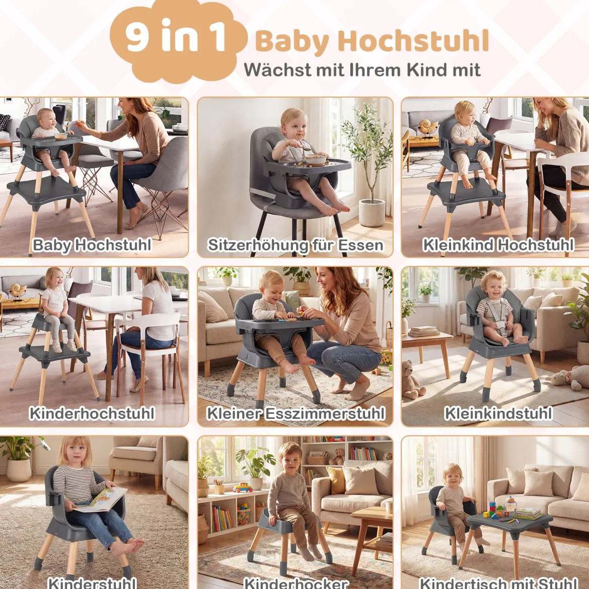 9 in 1 Baby Hochstuhl mit Sitzerhöhung & Abnehmbarem Tablett & Sicherheitsgurt Dunkelgrau