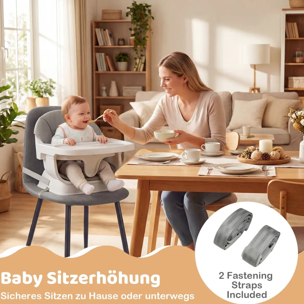 9 in 1 Baby Hochstuhl mit Sitzerhöhung & Abnehmbarem Tablett & Sicherheitsgurt Grau
