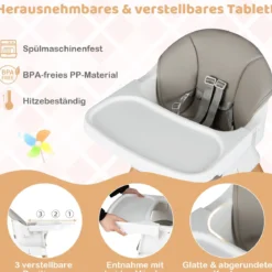 9 in 1 Baby Hochstuhl mit Sitzerhöhung & Abnehmbarem Tablett & Sicherheitsgurt Grau