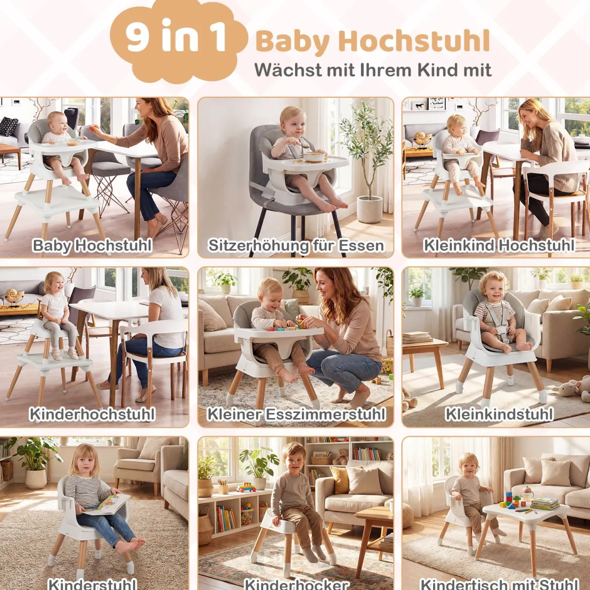 9 in 1 Baby Hochstuhl mit Sitzerhöhung & Abnehmbarem Tablett & Sicherheitsgurt Grau