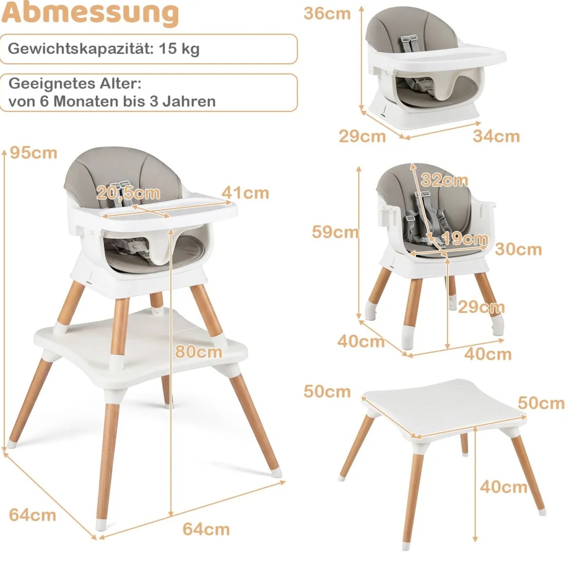 9 in 1 Baby Hochstuhl mit Sitzerhöhung & Abnehmbarem Tablett & Sicherheitsgurt Grau