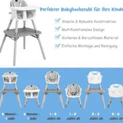 4 in 1 Baby-Hochstuhl Umwandelbarer Babystuhl 59 x 62 x 93 cm Grau