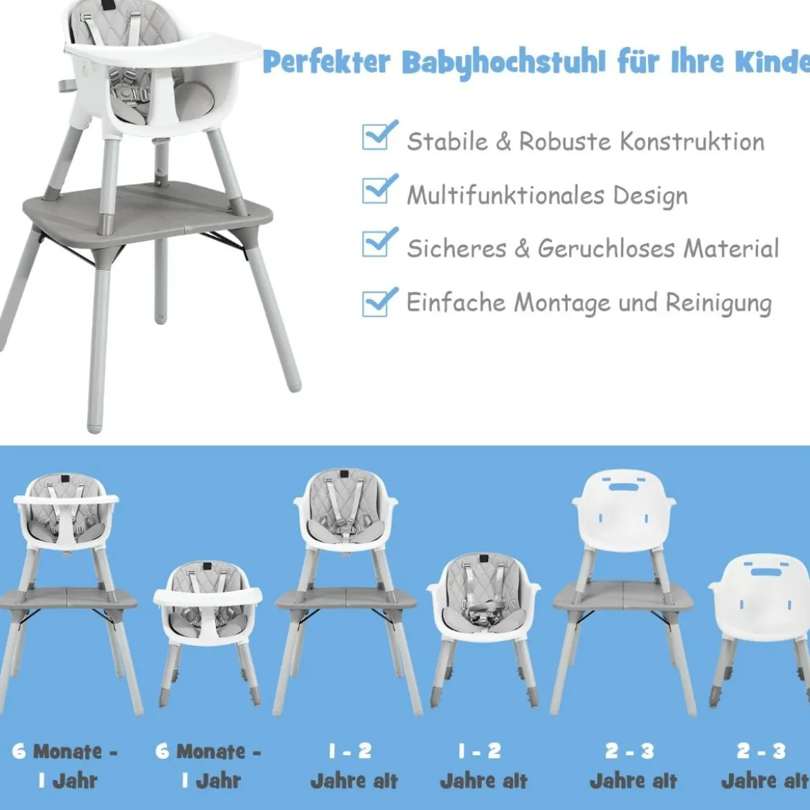 4 in 1 Baby-Hochstuhl Umwandelbarer Babystuhl 59 x 62 x 93 cm Grau