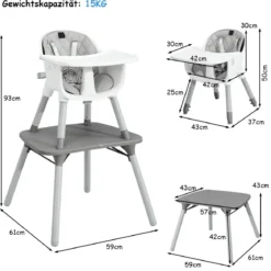 4 in 1 Baby-Hochstuhl Umwandelbarer Babystuhl 59 x 62 x 93 cm Grau