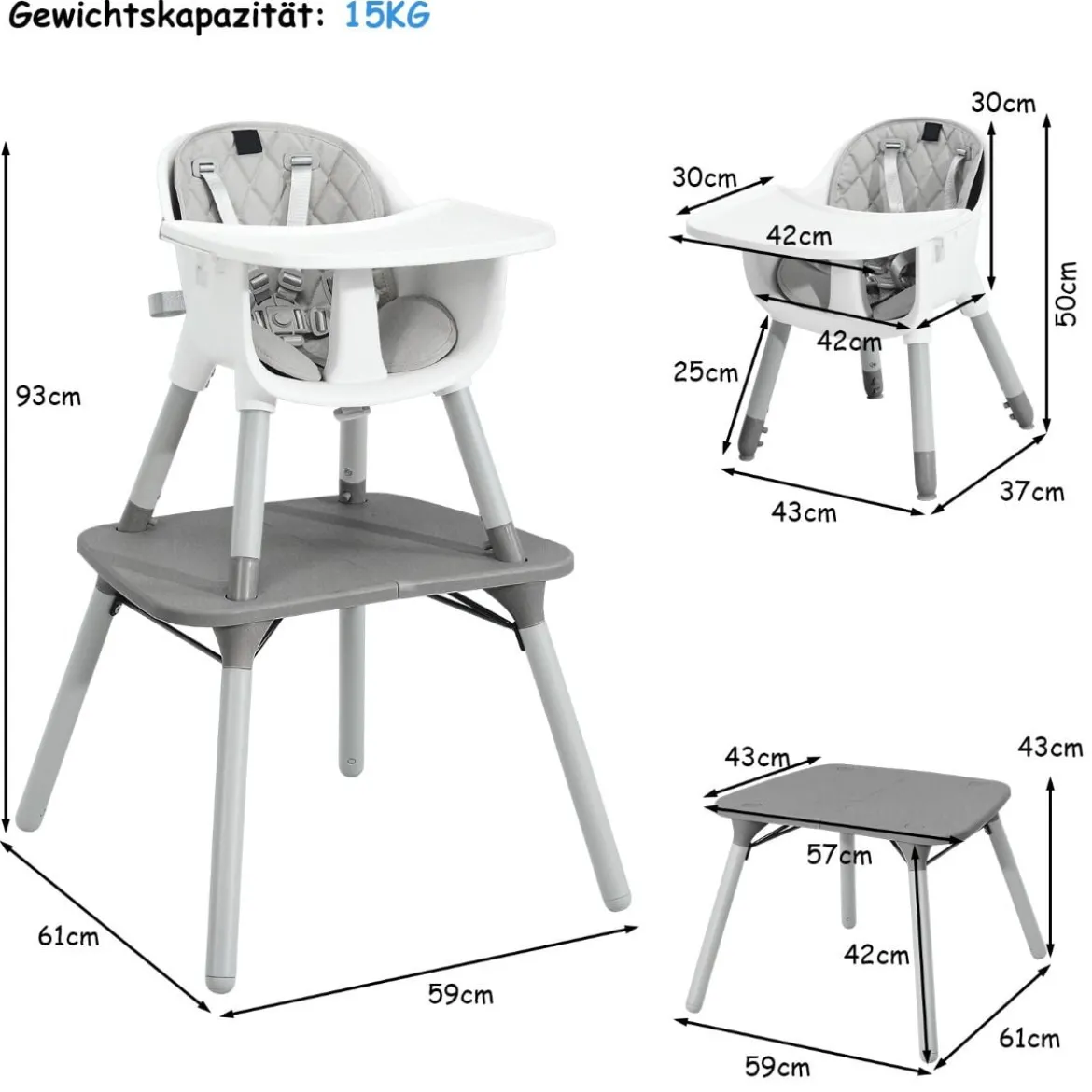 4 in 1 Baby-Hochstuhl Umwandelbarer Babystuhl 59 x 62 x 93 cm Grau