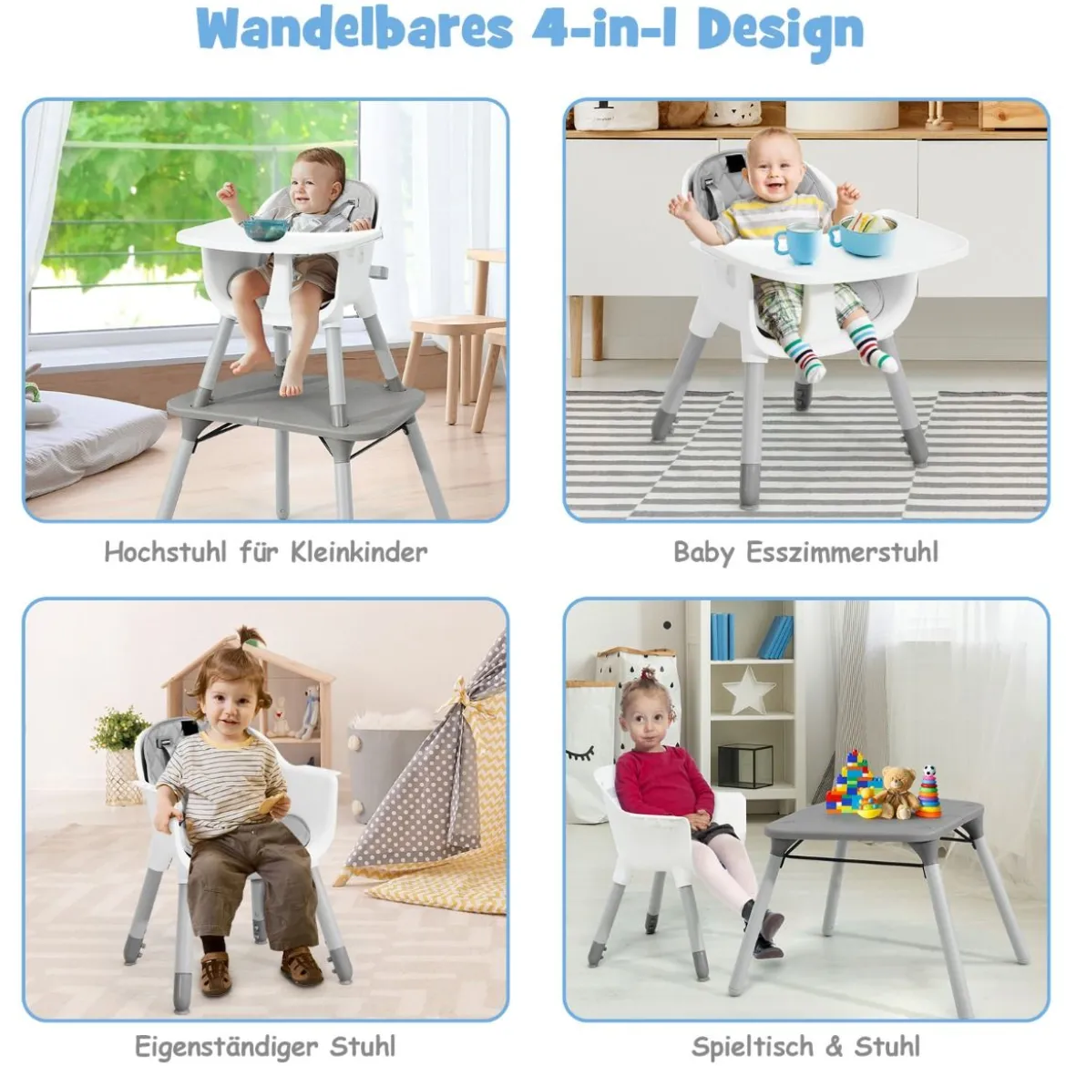 4 in 1 Baby-Hochstuhl Umwandelbarer Babystuhl 59 x 62 x 93 cm Grau