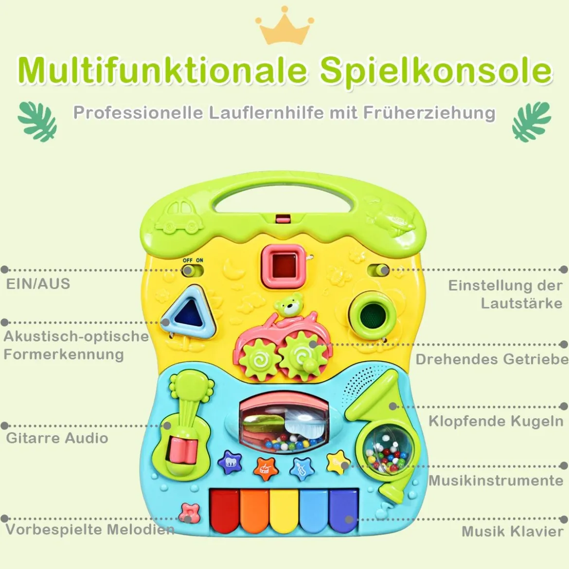 2 in 1 Baby-Lauflernhilfe Baby Walker mit höhenverstellbarem Handgriff 35,5 x 43 x 46-53 cm Bunt