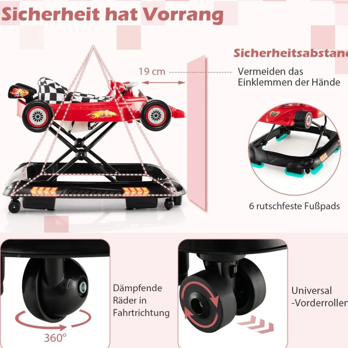 4 in 1 Baby Lauflernhilfe mit Verstellbarer Höhen & Abnehmbarem Spieltablett Autoförmige Lauflernwagen