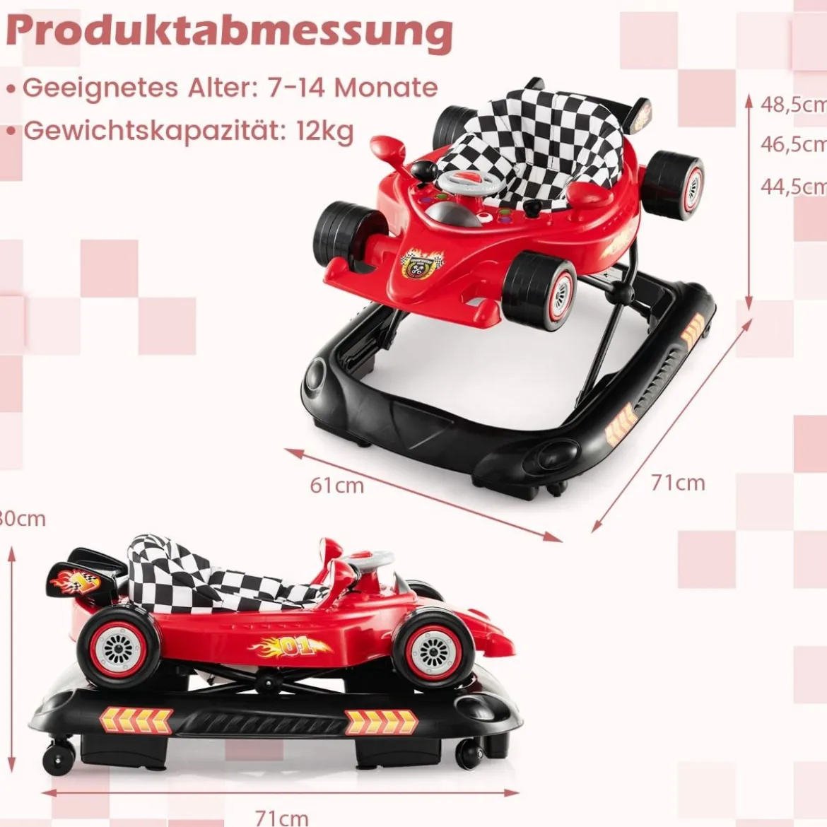 4 in 1 Baby Lauflernhilfe mit Verstellbarer Höhen & Abnehmbarem Spieltablett Autoförmige Lauflernwagen