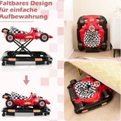 4 in 1 Baby Lauflernhilfe mit Verstellbarer Höhen & Abnehmbarem Spieltablett Autoförmige Lauflernwagen