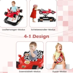 4 in 1 Baby Lauflernhilfe mit Verstellbarer Höhen & Abnehmbarem Spieltablett Autoförmige Lauflernwagen