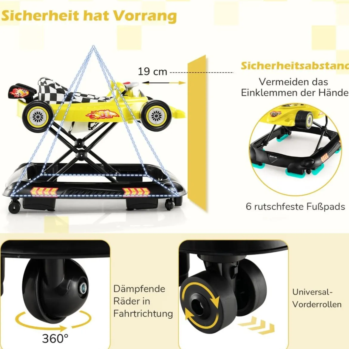4 in 1 Baby Lauflernhilfe mit Verstellbarer Höhen & Abnehmbarem Spieltablett Autoförmige Lauflernwagen